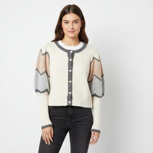 VENUS Color Block Cardigan – Cream Gray Blush, Button-Up, Soft Knit, Size M